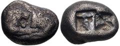 KINGS of LYDIA. Kroisos. Circa 560-546 BC. AR 1/3 Stater (13mm, 3.36 g). Sardes mint. Struck circa 550-546 BC. Confronted foreparts of lion and bull / Double incuse punch. Berk 24; SNG Kayhan -; Trait
