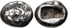 KINGS of LYDIA. temp. Cyrus – Darios I. Circa 545-520 BC. AR Siglos – 1/2 Stater (15mm, 5.21 g). Sardes mint. Confronted foreparts of lion and bull / Double incuse punch. Berk 23; SNG Kayhan 1024-6. V