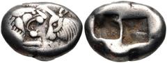 KINGS of LYDIA. temp. Cyrus – Darios I. Circa 545-520 BC. AR Siglos – 1/2 Stater (16mm, 5.33 g). Sardes mint. Confronted foreparts of lion and bull / Double incuse punch. Berk 23; SNG Kayhan 1024-6. N