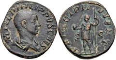 Philip II. As Caesar, AD 244-247. Æ Sestertius (28mm, 16.56 g, 12h). Rome mint. 5th emission of Philip I, AD 246. Bareheaded and draped bust right / Philip II standing left, holding globe and spear. R