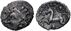 CELTIC, Iceni. Uninscribed. Circa 65-1 BC. AR Unit (14mm, 1.41 g, 6h). Diademed female head left, snake before / Horse prancing left; pellet in circle above and below. Van Arsdell 80-1; ABC 1495; SCBC