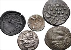 CELTIC. Lot of five (5) silver, billon, and bronze coins. Includes: EASTERN CELTS, Imitating Philip II of Macedon. AR Drachm // Imitating Philip III of Macedon. Æ Drachm // Imitating Odessos in Thrace