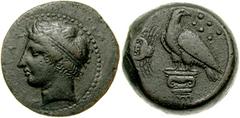 SICILY, Akragas. Circa 406 BC. Æ Hemilitron (17.49 gm). Head of river god left / Eagle standing left on Ionic capital, crab to left; six pellets above. Calciati I pg.194, 89; Rizzo pl. III, 17 (this c