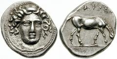 THESSALY, Larissa. Circa 344-321 BC. AR Drachm (6.10 gm). Head of nymph facing slightly right / Horse right, grazing. Lorber 75.1a (this coin). Lightly toned VF. ($250) From the John M. McCarthy Colle