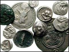 Lot of 19 Greek coins, 13 silver and 6 Æ. The 13 silver lots are as follows: Lucania. Heraklea. Diobol. BMC Italy 41. (Broken) // Thrace, Black Sea Area. Apollonia Pontika. AR Drachm. SNG BMC Black Se