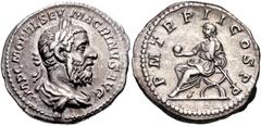 Macrinus. AD 217-218. AR Denarius (19mm, 3.46 g, 6h). Rome mint. 3rd emission, AD 218. Laureate and draped bust right, wearing long beard / Macrinus seated left on curule chair, holding globe and shor