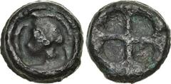 SKYTHIA, Olbia. Circa 470-460 BC. Cast Æ (45mm, 75.74 g). Head of Athena left, wearing Attic helmet; to left, dolphin upward; all within incuse circle / Wheel with four spokes (‘solar disk’). Anokhin 