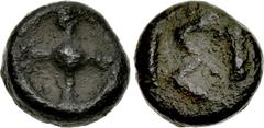 MOESIA, Istros. Late 5th century BC. Cast Æ (11mm, 2.10 g). Wheel with four spokes (‘solar disk’) / Large IΣT. AMNG I 532; SNG BM Black Sea 222; cf. SNG Stancomb 131; Sutzu I 22–5. VF, black patina. F