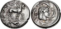 SICILY, Syracuse. Hieron I. 478-466 BC. AR Tetradrachm (26mm, 17.40 g, 6h). ‘Demareteion’ issue. Struck circa 470-466 BC. Charioteer, holding kentron in right hand and reins in both, driving slow quad