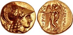 KINGS of MACEDON. Philip III Arrhidaios. 323-317 BC. AV Stater (17mm, 8.61 g, 10h). In the name of Alexander III. Side(?) mint. Struck under Philotas or Philoxenos. Head of Athena right, wearing crest