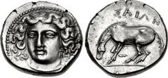 THESSALY, Larissa. Circa 365-356 BC. AR Drachm (18mm, 6.14 g, 1h). Late facing head type. Head of the nymph Larissa facing slightly left, hair in ampyx, wearing triple-pendant earring and plain neckla