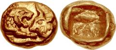KINGS of LYDIA. Kroisos. Circa 560-546 BC. AV Twelfth Stater (7mm, 0.67 g). Light standard. Sardes mint. Struck circa 550-546 BC. Confronted foreparts of lion right and bull left / Incuse square punch