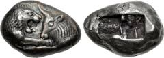 KINGS of LYDIA. Kroisos. Circa 560-546 BC. AR Stater – Double Siglos (20mm, 10.59 g). Sardes mint. Struck circa 550-546 BC. Confronted foreparts of lion right and bull left / Two square punches of une