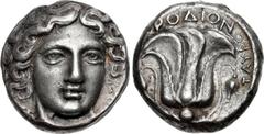 ISLANDS off CARIA, Rhodos. Rhodes . Circa 408/7-404 BC. AR Tetradrachm (21mm, 15.25 g, 12h). Reverse die signed by the artist Tauro- . Head of Helios facing slightly right / Rose in profile, with bud 