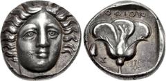 ISLANDS off CARIA, Rhodos. Rhodes . Circa 385-360 BC. AR Tetradrachm (22mm, 15.00 g, 12h). Head of Helios facing slightly right / Rose in profile, with bud to left; [P]OΔION above; Greek Z to left, tr