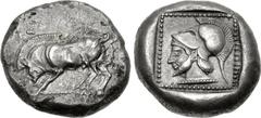 DYNASTS of LYCIA. Uncertain dynast. Circa 490/80-440/30 BC. AR Stater (19mm, 9.26 g, 10h). Protodynastic Group B. Boar standing left, head lowered / Bearded head left, wearing crested Corinthian helme