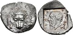 DYNASTS of LYCIA. Mithrapata. Circa 390-370 BC. AR Stater (25mm, 9.68 g, 10h). Facing lion scalp, M horizontally on right cheek / Head of Mithrapata left; MITHR-A-P-ATA in Lycian around, triskeles to 