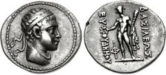 BAKTRIA, Greco-Baktrian Kingdom. Euthydemos II. Circa 185-180 BC. AR Hemidrachm (15mm, 2.10 g, 12h). Diademed and draped bust right / BAΣIΛEΩΣ EYΘYΔHMOY, Herakles standing facing, holding wreath in ex