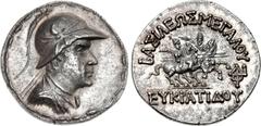 BAKTRIA, Greco-Baktrian Kingdom. Eukratides I Megas. Circa 170-145 BC. AR Tetradrachm (31mm, 16.96 g, 12h). Diademed, draped, and cuirassed bust right, wearing crested helmet adorned with bull's horn 