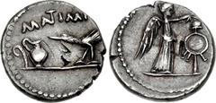 The Triumvirs. Mark Antony. Late summer-autumn 43 BC. AR Quinarius (13mm, 1.90 g, 9h). Military mint traveling with Antony and Lepidus in Transalpine Gaul. Lituus, capis, and raven standing left on gr