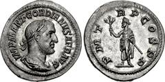 Gordian I. AD 238. AR Denarius (21mm, 2.79 g, 6h). Rome mint. Struck March-April AD 238. IMP M ANT GORDIANVS AFR AVG, laureate, draped, and cuirassed bust right / P M T R P COS P P, Gordian, laureate 