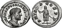 Gordian I. AD 238. AR Denarius (21mm, 2.74 g, 6h). Rome mint. Struck March-April AD 238. IMP M ANT GORDIANVS AFR AVG, laureate, draped, and cuirassed bust right / P M T R P COS P P, Gordian, laureate 