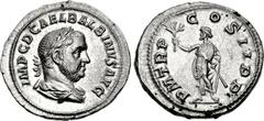 Balbinus. AD 238. AR Denarius (21mm, 2.97 g, 6h). Rome mint. 1st emission. IMP C D CAEL BALBINVS AVG, laureate, draped, and cuirassed bust right / P M TR P COS II P P, Balbinus standing left, holding 