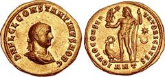 Constantine II. As Caesar, AD 316-337. AV Aureus (21mm, 5.27 g, 11h). Fifth consulship and decennalia issue for Licinius I. Antioch mint. Struck AD 317. D N FL CL CONSTANTINVS NOB C, laureate, draped,