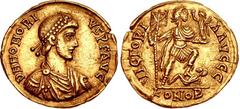 Honorius. AD 393-423. AV Solidus (22mm, 4.38 g, 12h). Arelate (Arles) mint. Struck AD 408-411. D N HONORI VS P F AVG, pearl-diademed, draped, and cuirassed bust right, wearing slight beard / VICTORI A
