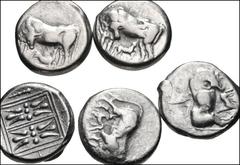 GREEK. Northern Greece. Lot of Five (5) AR Staters of Dyrrhachium in Illyria, circa 340-380 BC. All coins: Cow standing right, head lowered left, suckling calf / Double stellate pattern within dual li