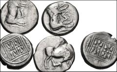 GREEK. Northern Greece. Lot of Five (5) AR Staters of Dyrrhachium in Illyria, circa 340-380 BC. All coins: Cow standing right, head lowered left, suckling calf / Double stellate pattern within dual li