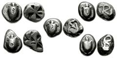 AEGINA. Circa 525-457 BC. Lot of five AR Staters. Sea turtle; c/m / "Mill-Sail" -- eight-part divided punch, four incuse and four raised sections. SNG Delepierre 1502. Two coins // Lot also includes: 