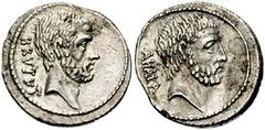 M. Junius Brutus. 54 BC. AR Denarius (3.66 gm). Head of L. Junius Brutus, BRVTVS behind / Head of C. Servilius Ahala, AHALA behind. Crawford 433/2; Sydenham 907; Junia 30. Good VF, a few light scratch