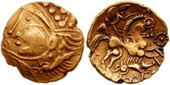 CELTIC, Gaul. The Aulerci Eburovices. Circa 2nd Century BC. AV Half Stater (3.13 gm). Estimate $2000  CELTIC, Gaul. The Aulerci Eburovices. Circa 2nd Century BC. AV Half Stater (3.13 gm). Laureate mal