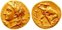 CALABRIA, Tarentum. Circa 334-331 BC. AV Sixth-Stater or Hekte (1.41 gm). Estimate $2000 CALABRIA, Tarentum. Circa 334-331 BC. AV Sixth-Stater or Hekte (1.41 gm). Donative issue struck for Alexander t