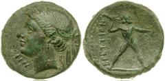 BRUTTIUM, The Brettii. Circa 215 BC. Æ Triobol or Half Uncia (5.83 gm). Estimate $300 BRUTTIUM, The Brettii. Circa 215 BC. Æ Triobol or Half Uncia (5.83 gm). Diademed head of Nike left; NIK[A] left, c