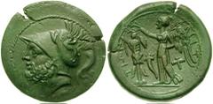 BRUTTIUM, The Brettii. Circa 214-211 BC. Æ Didrachm or Reduced Sextans (14.32 gm). Estimate $750 BRUTTIUM, The Brettii. Circa 214-211 BC. Æ Didrachm or Reduced Sextans (14.32 gm). Helmeted head of Are