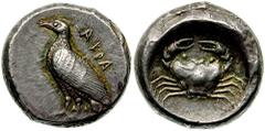 SICILY, Akragas. Circa 510-480 BC. AR Didrachm of 24 Litai (8.76 gm). Estimate $3000 SICILY, Akragas. Circa 510-480 BC. AR Didrachm of 24 Litai (8.76 gm). AKRA, eagle standing left / Crab. Jenkins, Ge