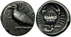 SICILY, Akragas. AR Tetradrachm (17.21 gm). Estimate $10000 SICILY, Akragas. AR Tetradrachm (17.21 gm). AKRAC-ANTOS, eagle standing left / Crab; below, Nike flying left, holding wreath. Cf. SNG ANS 98