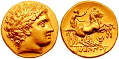 KINGS of MACEDON. Philip II. 359-336 BC. AV Stater (8.59 gm). Estimate $2000 KINGS of MACEDON. Philip II. 359-336 BC. AV Stater (8.59 gm). Pella mint. Struck circa 323-315 BC. Laureate head of Apollo 