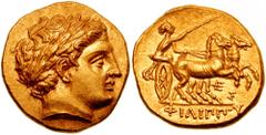 KINGS of MACEDON. Philip II. 359-336 BC. AV Stater (8.61 gm). Estimate $2000 KINGS of MACEDON. Philip II. 359-336 BC. AV Stater (8.61 gm). Pella mint. Struck circa 323-315 BC. Laureate head of Apollo 