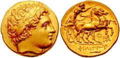 KINGS of MACEDON. Philip II. 359-336 BC. AV Stater (8.58 gm). Estimate $2500 KINGS of MACEDON. Philip II. 359-336 BC. AV Stater (8.58 gm). Abydos mint. Struck circa 323-316 BC. Laureate head of Apollo