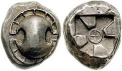 BOEOTIA, Thebes. Circa 550-480 BC. AR Stater (12.16 gm). Estimate $4000 BOEOTIA, Thebes. Circa 550-480 BC. AR Stater (12.16 gm). Boeotian shield, rim divided into twelve compartments / Mill-sail incus