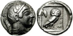 ATTICA, Athens. Circa 465 BC. AR Didrachm (8.49 gm). Estimate $20000  ATTICA, Athens. Circa 465 BC. AR Didrachm (8.49 gm). Helmeted head of Athena right, wearing crested Attic helmet decorated with th