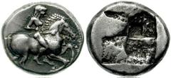 IONIA, Erythrae. Circa 480 BC. AR Didrachm (7.09 gm). Estimate $3000 IONIA, Erythrae. Circa 480 BC. AR Didrachm (7.09 gm). Rider (Erythros?) on horseback galloping right / Quadripartite incuse. SNG vo