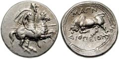 IONIA, Magnesia ad Maeandrum. Circa 350-300 BC. AR Didrachm (7.16 gm). Estimate $1500 IONIA, Magnesia ad Maeandrum. Circa 350-300 BC. AR Didrachm (7.16 gm). Rider on horseback right, holding lance / M