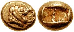 KINGS OF LYDIA. "Valvel" or "Walwet". Circa 600 BC. EL Hekte (2.35 gm). Estimate $1000 KINGS OF LYDIA. "Valvel" or "Walwet". Circa 600 BC. EL Hekte (2.35 gm). Confronted lion heads (the right off the 