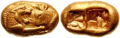 KINGS OF LYDIA. Time of Kroisos. Circa 561-546 BC. AV Stater (8.01 gm). Estimate $5000 KINGS OF LYDIA. Time of Kroisos. Circa 561-546 BC. AV Stater (8.01 gm). Light Series. Confronted foreparts of roa