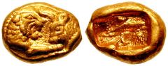 KINGS OF LYDIA. Time of Kroisos. Circa 561-546 BC. AV Sixth Stater (1.33 gm). Estimate $1000 KINGS OF LYDIA. Time of Kroisos. Circa 561-546 BC. AV Sixth Stater (1.33 gm). Light Series. Confronted fore