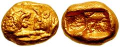 KINGS OF LYDIA. Time of Kroisos. Circa 550-520 BC. AV Sixth Stater (1.34 gm). Estimate $1000 KINGS OF LYDIA. Time of Kroisos. Circa 550-520 BC. AV Sixth Stater (1.34 gm). Light Series. Confronted fore